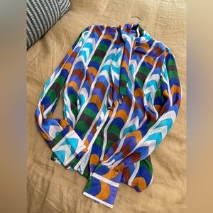 Oliphant silk blend Women’s Multicolor Chevron Tie-Neck long sleeve blouse